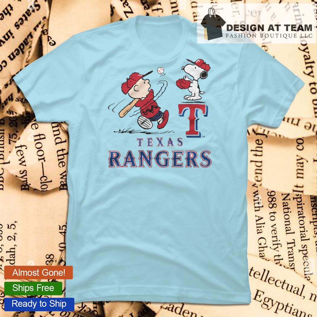 Snoopy and Charlie Brown playing baseball Texas Rangers shirt